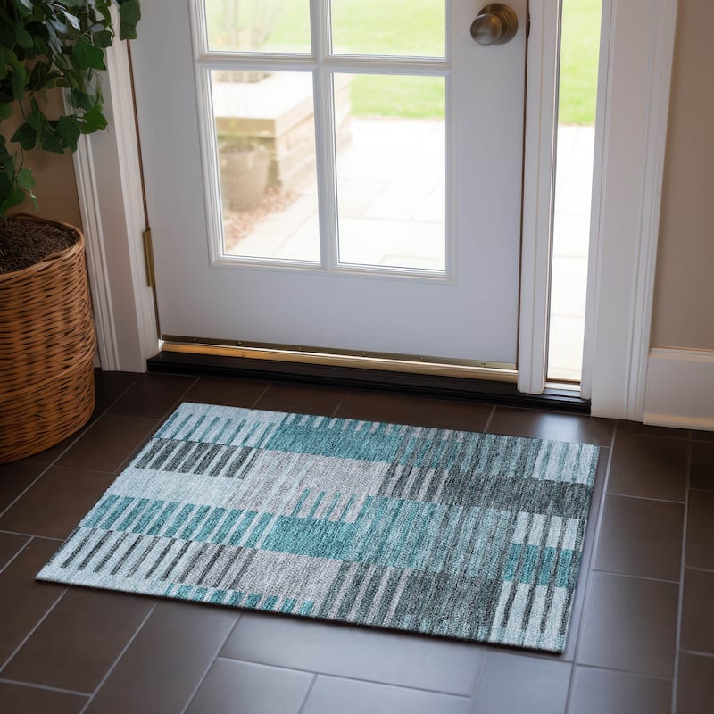 Machine Washable Indoor/ Outdoor Chantille Contemporary Stripes Rug - Teal - 1'8" x 2'6"
