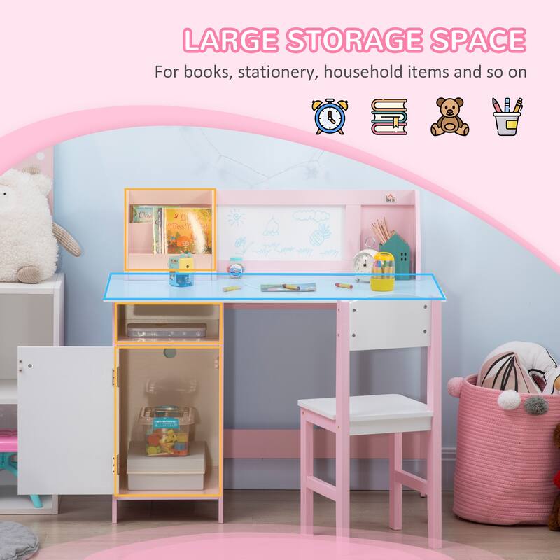 Modern Kids' Table Desk and Chair Set with Whiteboard Top and Built In Storage for Study Room or Bedroom