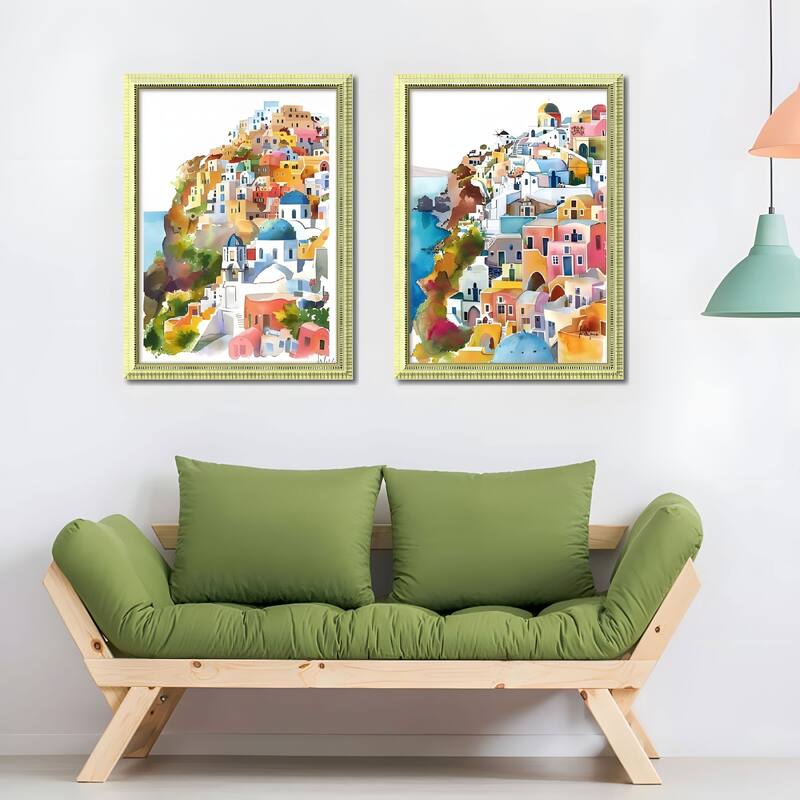 Set of 3 Colorful Cityscape Framed Wall Art - Replaceable Canvas Prints with Wood Picture Frames - Green,Pink