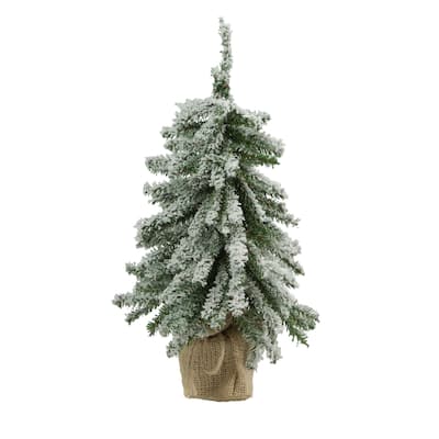 15" Potted Flocked Downswept Mini Village Pine Medium Artificial Tree - 1 Foot