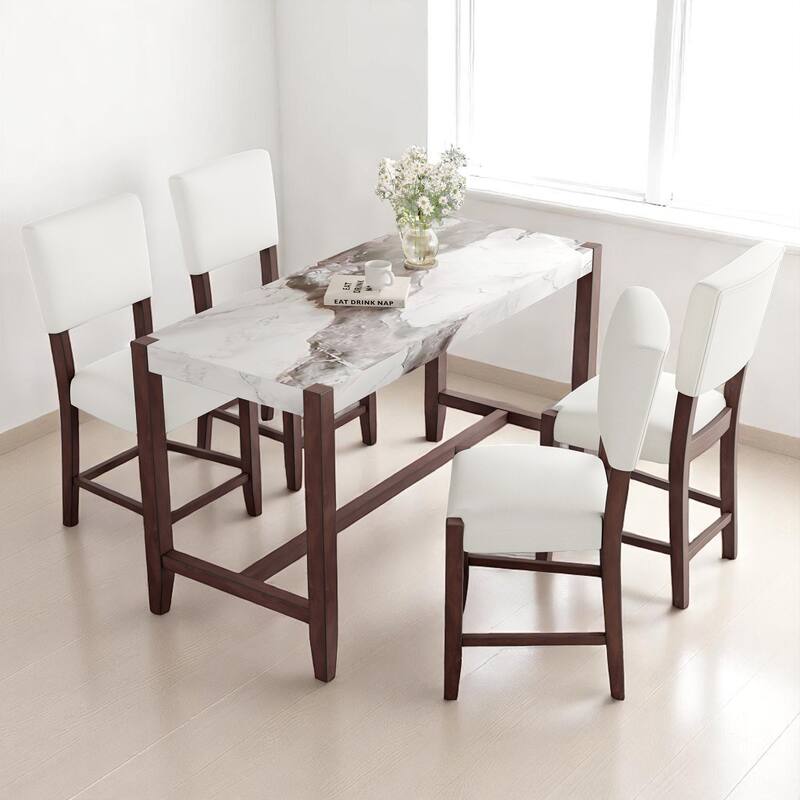 Mid-Century 5-Piece Pub Dining Set with Faux Marble Bar Table and 4 Linen Chairs, Ideal for Kitchen or Small Spaces - Beige