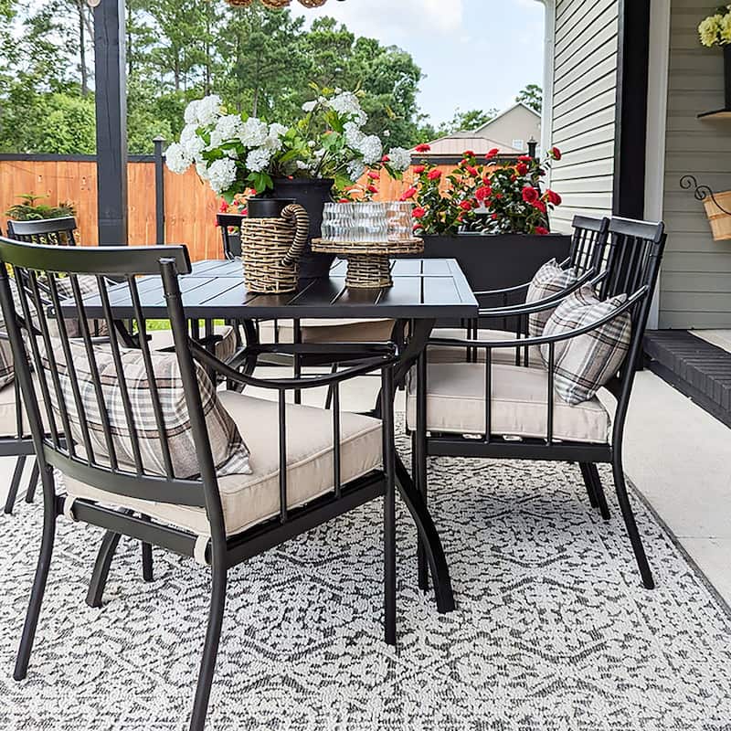 MAISON ARTS 7-Piece Patio Dining Set Steel Rectangle Table & 6 Dining Arm Chairs