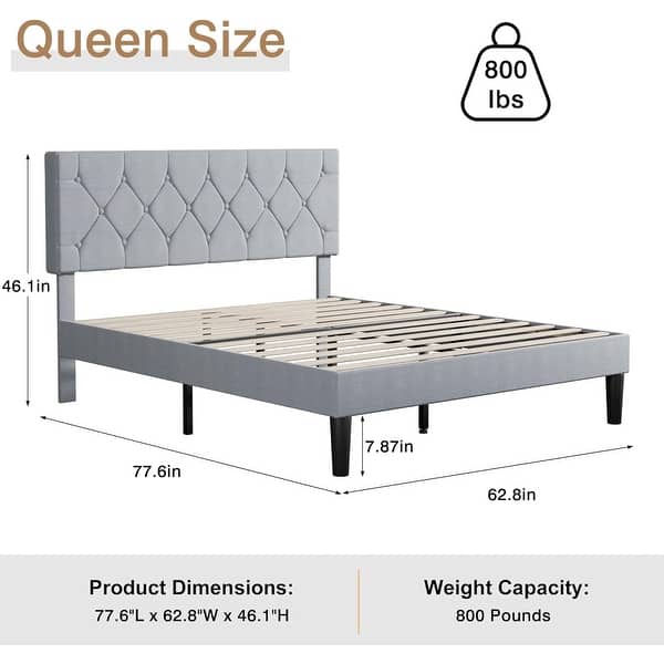dimension image slide 2 of 18, VECELO Upholstered Beds With Diamond Tufted Headboard Platform Bed Frame 7.9'' Under Bed Space