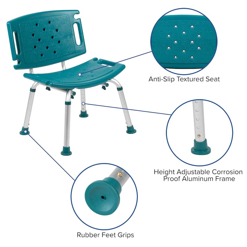 Tool-Free 300 Lb. Capacity, Adjustable Teal Bath & Shower Chair with Large Back