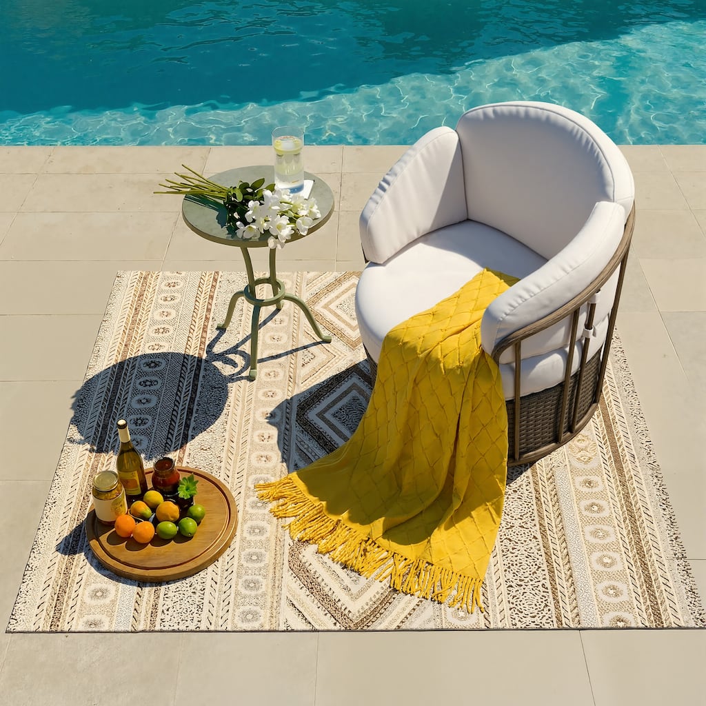 Weather-Resistant Wicker Outdoor Swivel Rocker Chair with 5 inch Cushion, Metal Frame, Wood Grain Finish