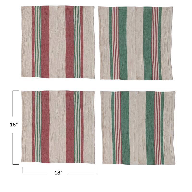 Cotton Napkins with Stripes and Jute and Wood Ring Tie, Set of 4