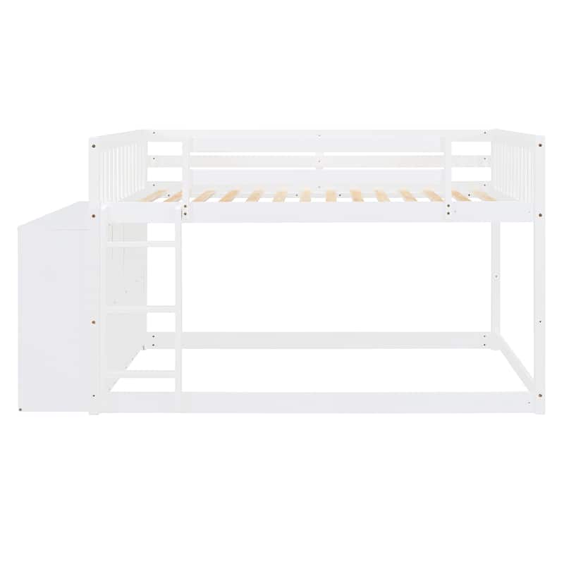 Wood Floor Bunk Beds with 4 Drawers and 3 Shelves, Convertible Side Cabinets and Ladders, Solid Wood Bunkbed Frame for Bedroom