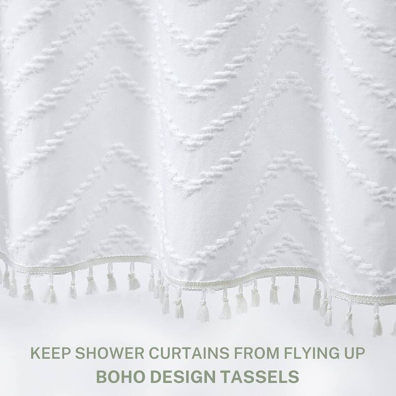 Boho White Tassel Shower Curtain, Farmhouse Woven Fabric, 72 x 72