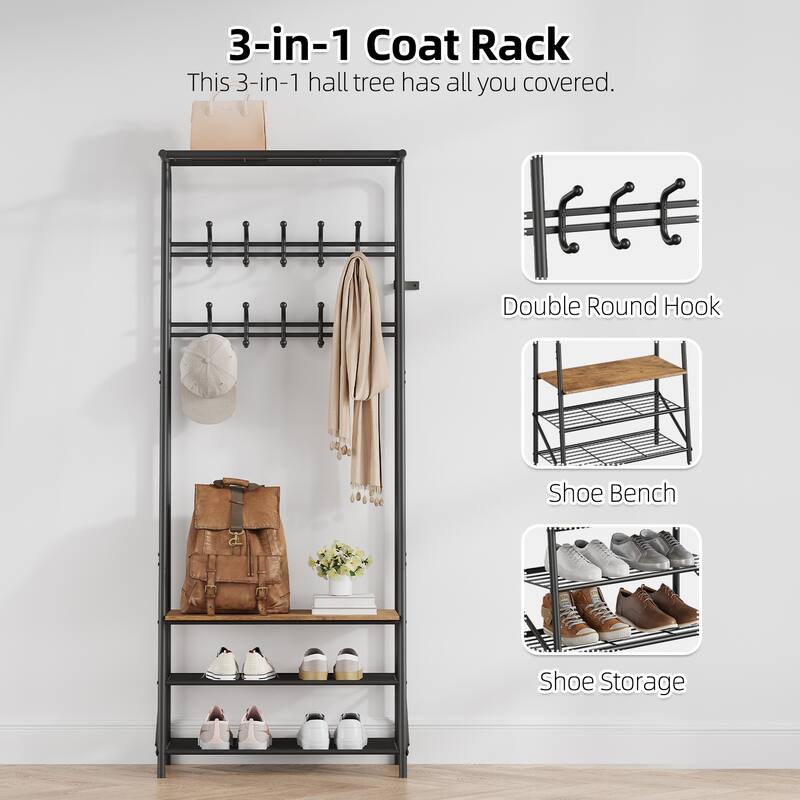 Coat Rack With Shoe Storage Bench 10 Hooks Multifunctional Hallway Organizer - 11.4" W x 25.2" L x 70"