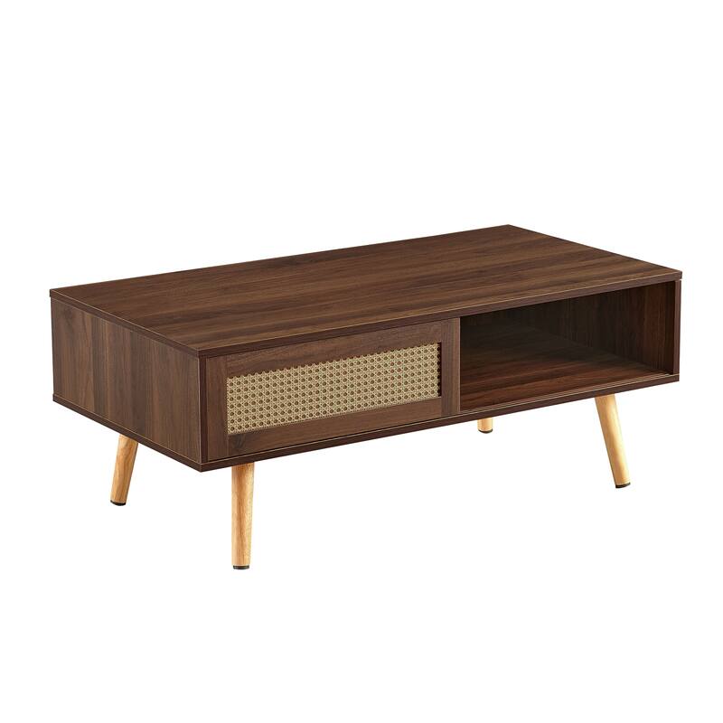 Rectangle Coffee Table with Solid Wood Legs, Sliding Drawer for Storage, Modern Table for Living Room