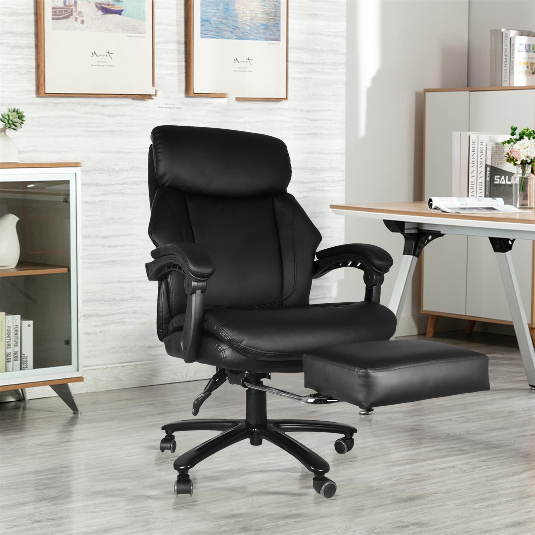Office Chair with PU Leather Soft Cushion and Footrest Tilt Function Max 130°