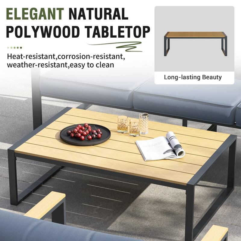 4-Piece Modern Outdoor Sofa Set - Iron Frame with Grey Cushions and Faux Wood Grain Coffee Table