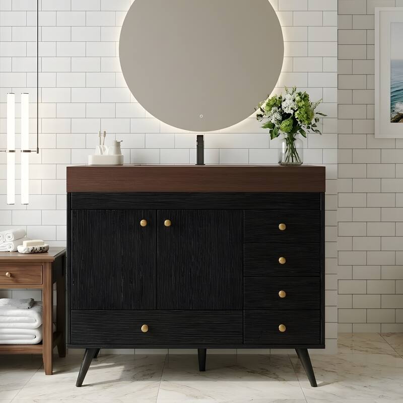 36" Freestanding Bathroom Vanity with Faux Marble Top, Ceramic Sink, 5 Drawers & Stainless Steel Legs