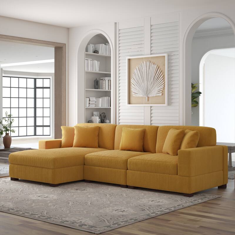 118" W Corduroy L-shape Modular Sectional Sofa with Pillows - Orange - Left Facing