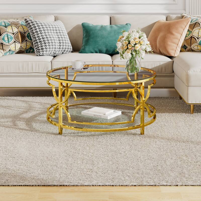 Glass Coffee Table Round Living Room Table, Luxurious Storage Table with Lower Shelf, 30.7" Center Table with Tempered Glass Top