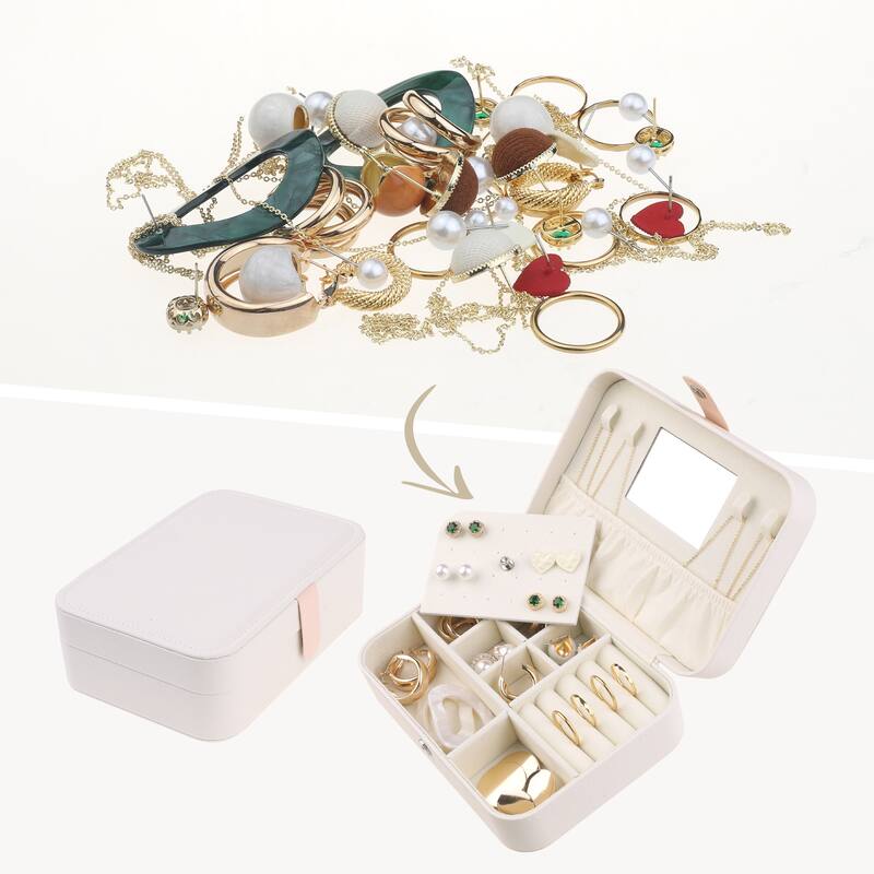 Travel Jewelry Box with Mirror for Women Girls Birthday Gifts, Portable PU Leather Jewelry Organizer Case Storage Display Holder - White