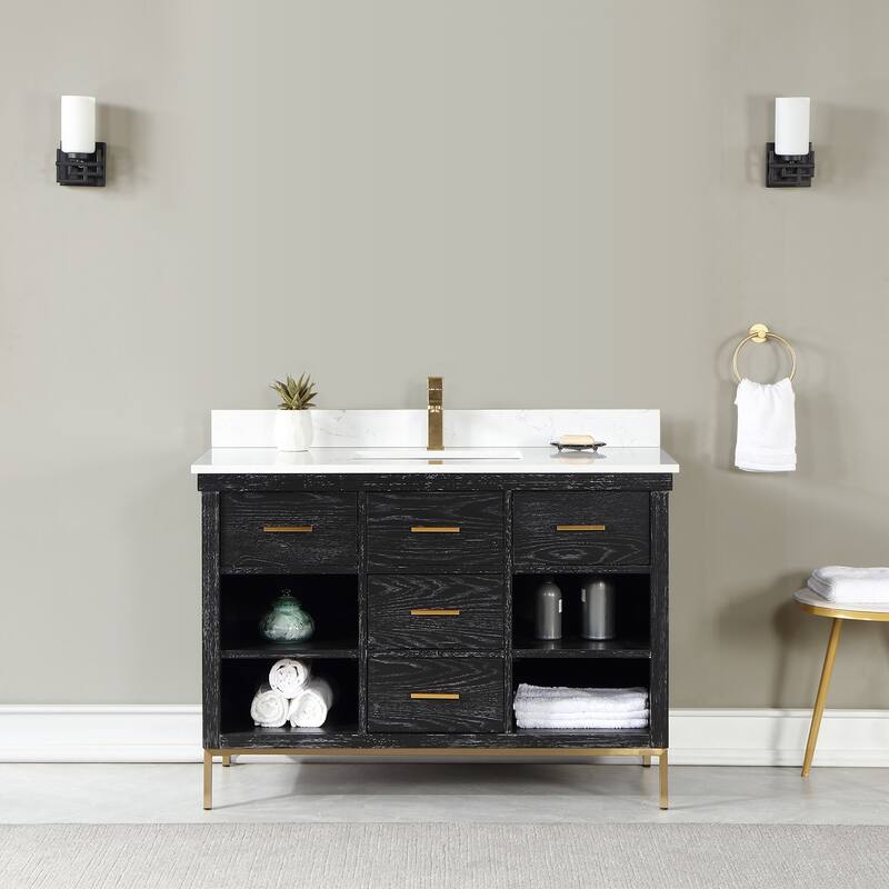 Altair Kesia Bathroom Vanity with White Composite Stone Top without Mirror - 48 inch. - Black Oak + Brushed Gold Hardware