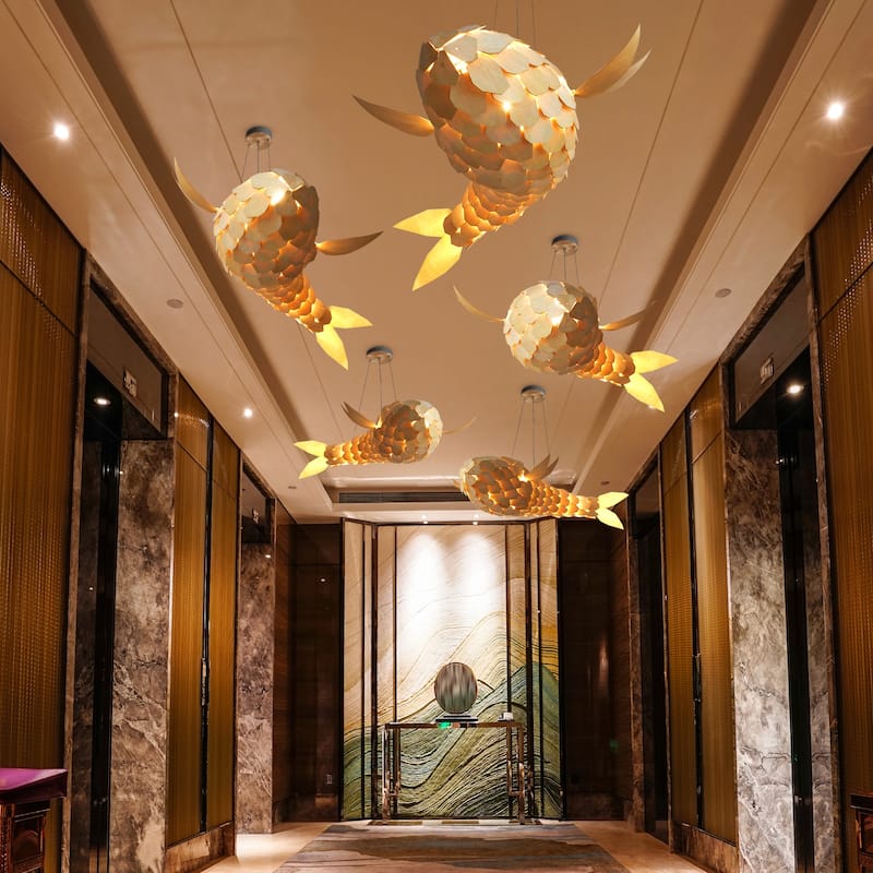 Large Fish Shape Ceiling Lamp Creative Solid Wood Carp Restaurant Home