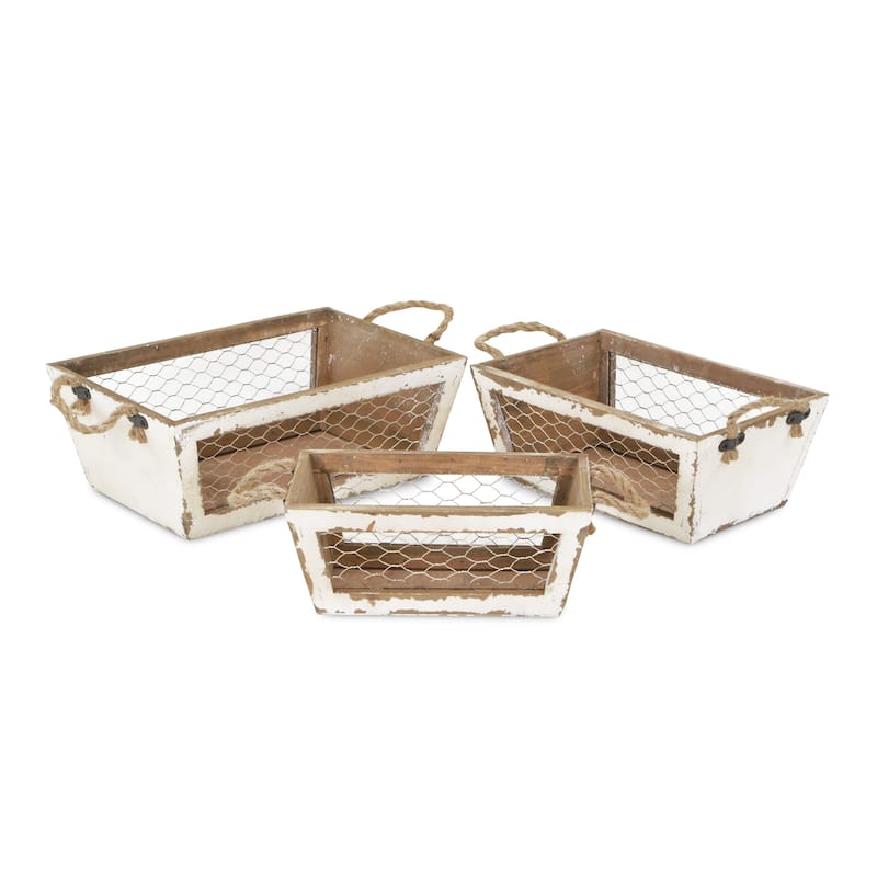 Brown Wooden Tapered Crates with Wire Panels (Set of 3) - White