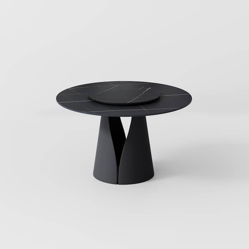 Modern Round White Dining Table，Sintered Stone Tabletop, Solid Black Carbon Steel Base