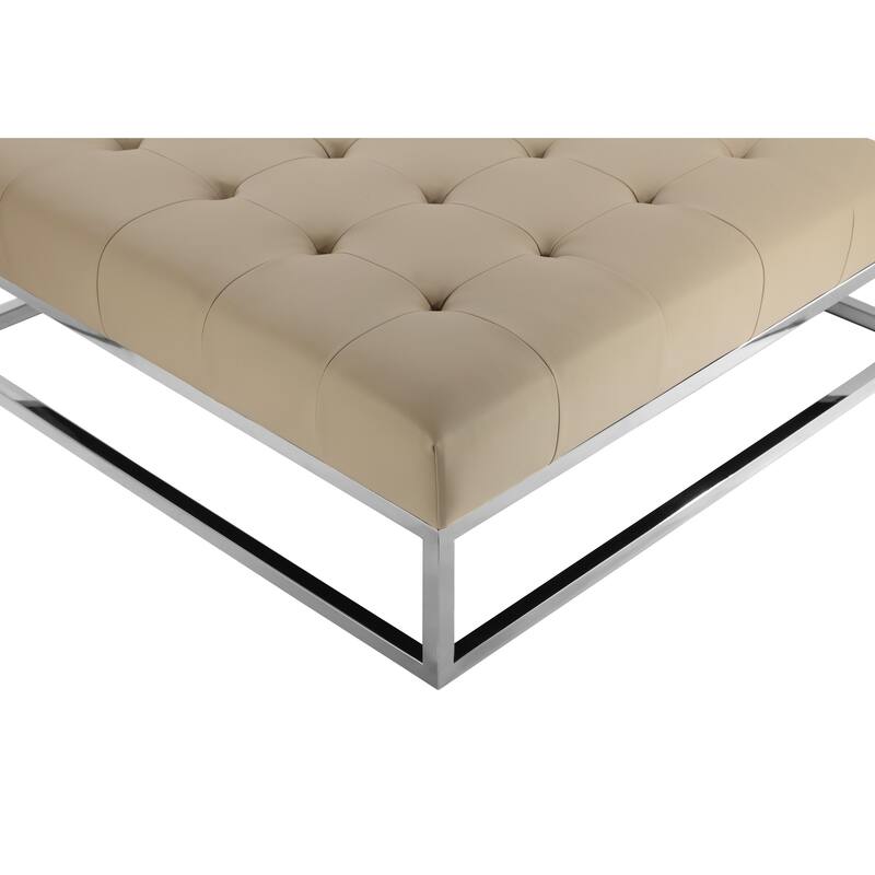 Ipp Ottoman, 40 Inch Square Tufted Beige Faux Leather, Chrome Steel
