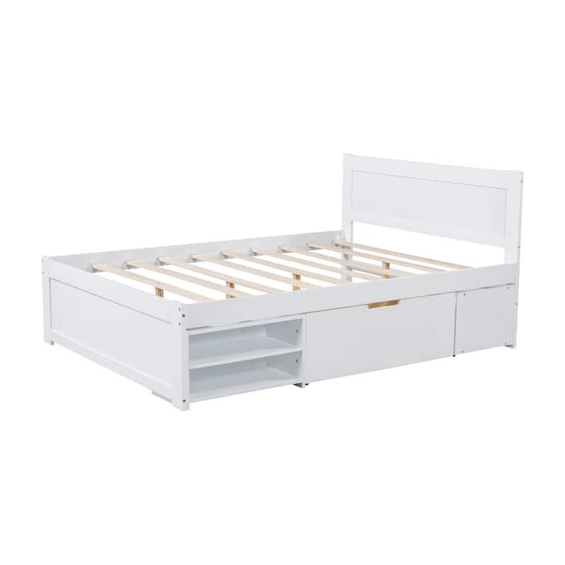 Full Size Platform Bed With Drawer And Two Shelves