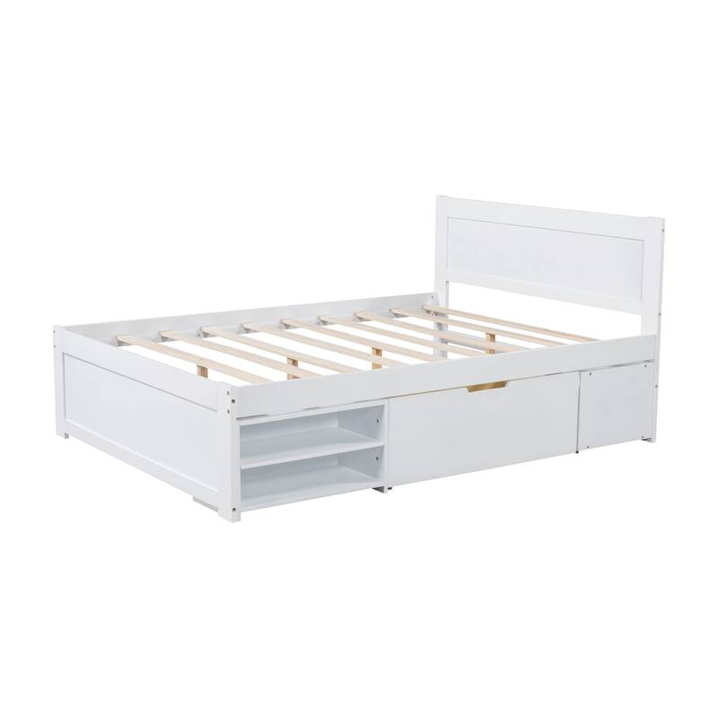 Full Size Wooden Platform Bed Frame with Drawer and Two Shelves, Ample Storage and Space-Saving Design, Bedroom Furniture