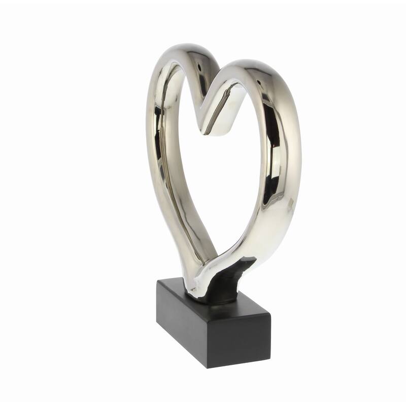 Silver Ceramic Heart Decorative Sculpture with Black Base - 13 x 3 x 2