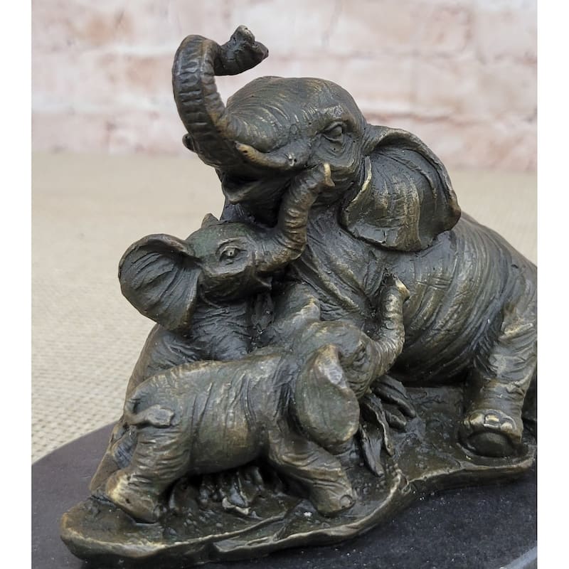 Elephant Mother And Babies Bronze Statue Sculpture Miniature Collectible 5 Inches X 6 Inches