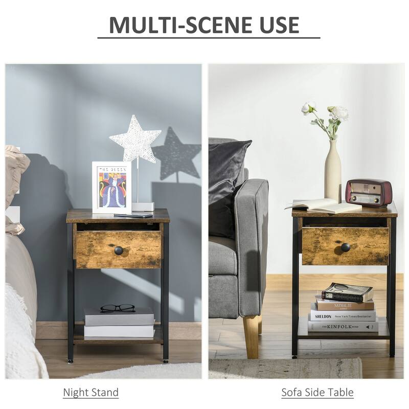 HOMCOM Industrial Side Table with Storage Shelf, Accent Table with Drawer for Living Room, or Bedroom, Rustic Brown