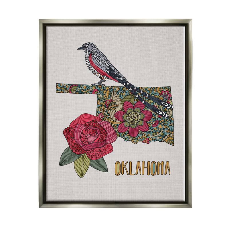 Stupell Oklahoma State Bird & Flower Detailed Floral Pattern Floater Frame, Design by Valentina Harper - 25 x 31 - Grey