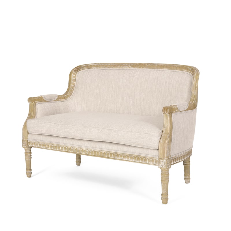 Beige Brown Wood Loveseat Sofa with Rubber Wood Frame