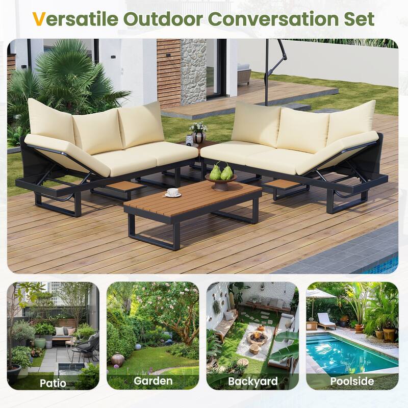 Outdoor Patio Conversation Sofa Set L-shape Sectional Sofa Set with Adjustable Reclining Seats, Coffee Table, Side Table