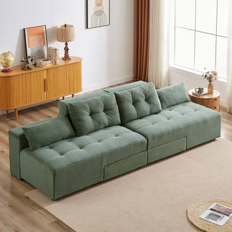94'' Corduroy 3-in-1 Convertible 3 Seater Sleeper Sectional Sofa with 4 Storage Compartments and 4 Pillows