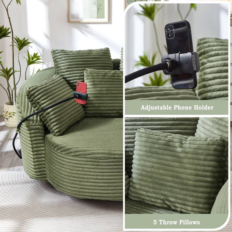 Roomfitters 360 Swivel Barrel Accent Chair with Adjustable Phone Holder and 5 Throw Pillows, Corduroy