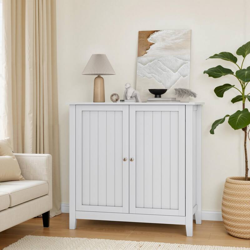 Roomfitters Modern Storage Cabinet with Geometric Doors, Multi-Purpose Sideboard Organizer with Wooden Legs, White