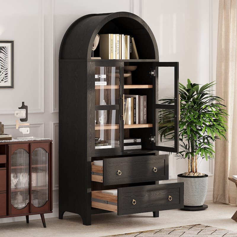 71" Tall Arched Kitchen Pantry Cabinet - 2 Large Drawers, Glass Door, Adjustable Shelves