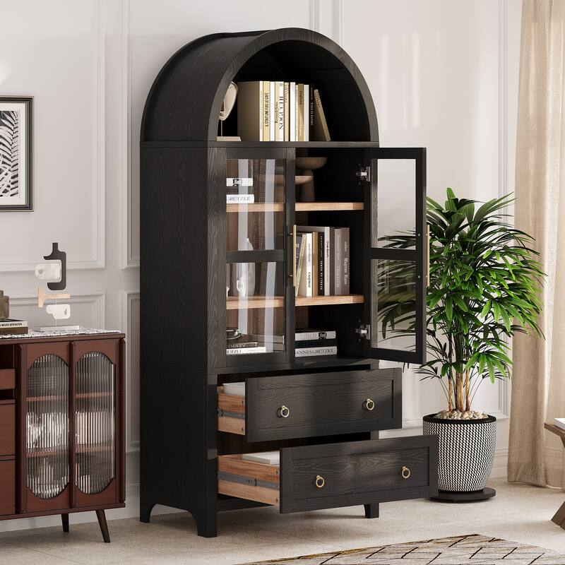Anmytek 71" Arched Tall Pantry Cabinet, Glass Doors & 2 Drawers, Modern Farmhouse Storage Cupboard, Black