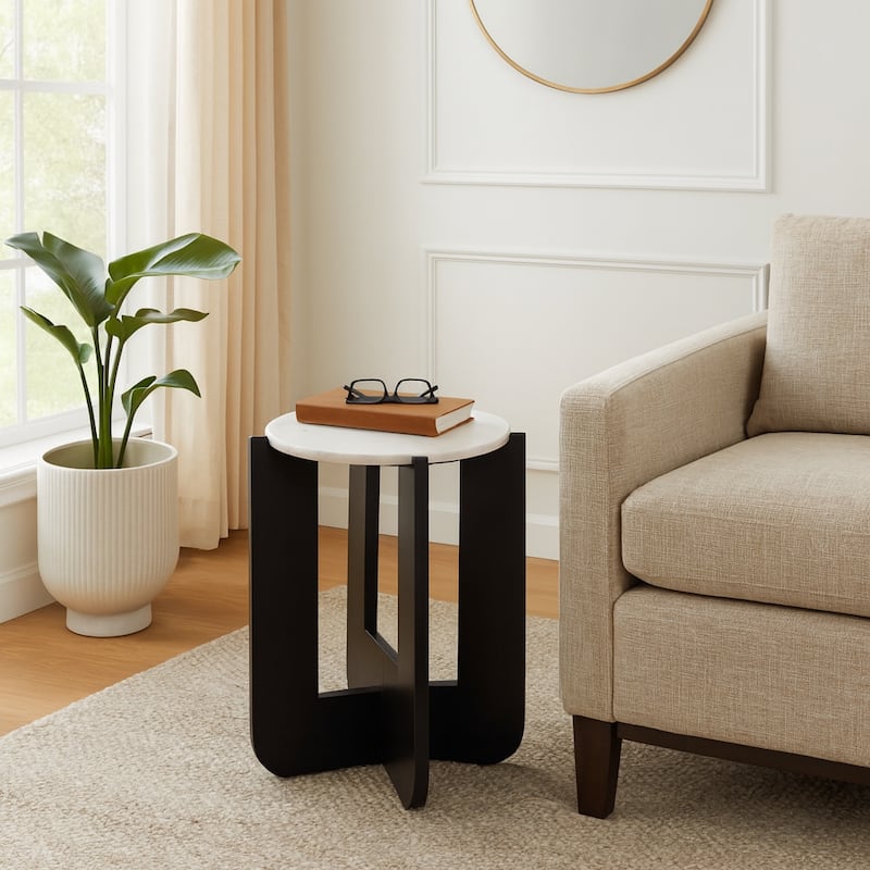 Marble Wood Accent Table Round Top Frame Modern - 20" White Black - 16" x 16" x 19.75"