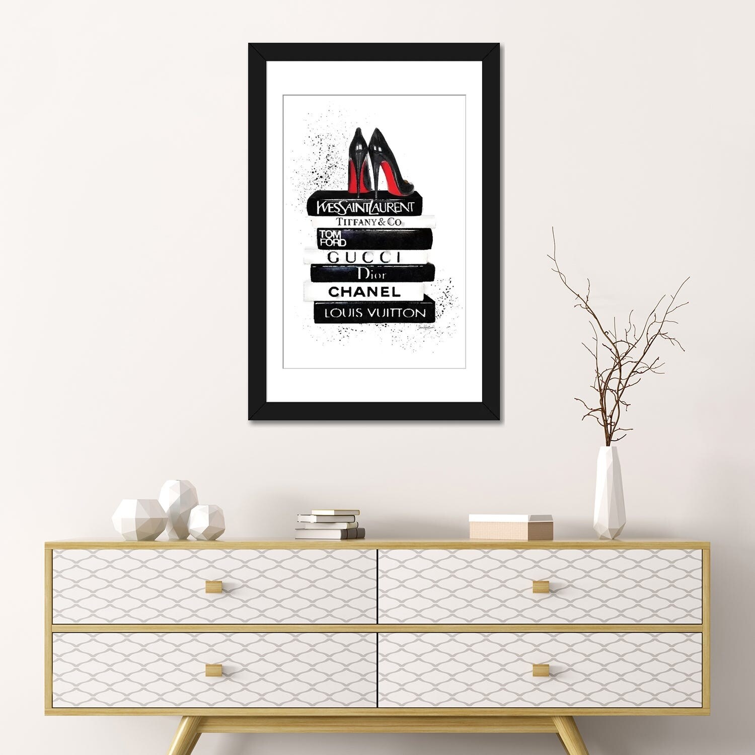Black and White Book Stack, Ink and Shoes Canvas Print Wall Art by Amanda Greenwood