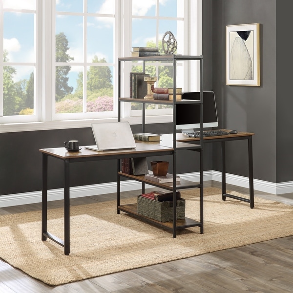 Nestfair Brown Extra Large Double Workstations Office Desk with Storage Shelves. Opens flyout.
