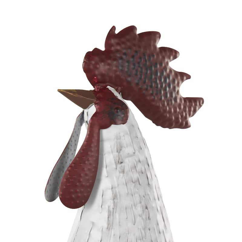 Metal Rooster Decorative Garden Sculpture with Black Texturing and Red Accents - White - Roche River Decor