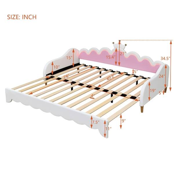 dimension image slide 0 of 2, Modern Upholstered Princess Daybed wCrown Headboard & LED Lights, Twin to Size Extending Daybed Sofa Bed, Guest Bed