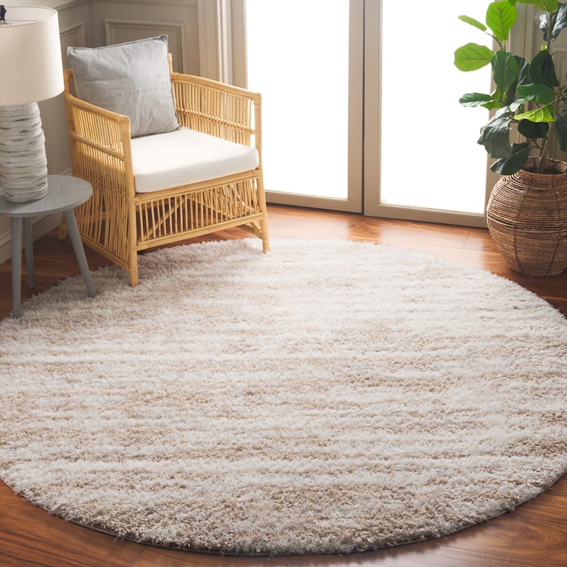 SAFAVIEH Lindsay Shag Shirlene Modern Abstract 2-inch Thick Rug - 6'7" Round - Beige/Ivory