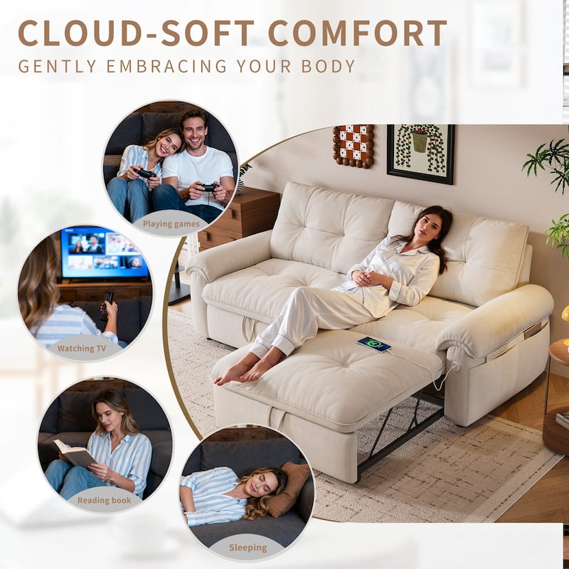2-in-1 Velvet Pull Out Sleeper Sofa Bed Convertible Loveseat Couch for Sitting, Napping or Sleeping with Side Pockets and USB
