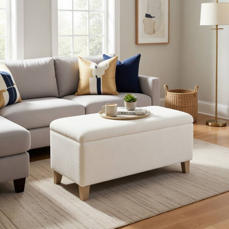 Liv Storage Bench Ottoman, Cream Sherpa, Natural Brown Wood, 42 Inch