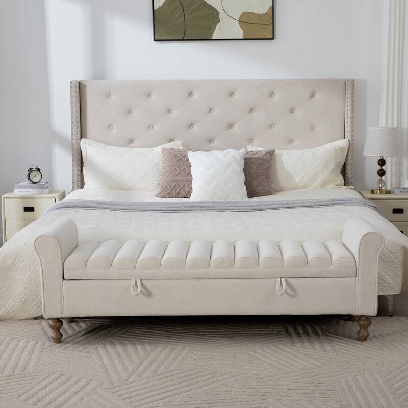 65.55" Storage Ottoman Bench, Bed of End Bench Upholstered Bench with Rolled Armrests