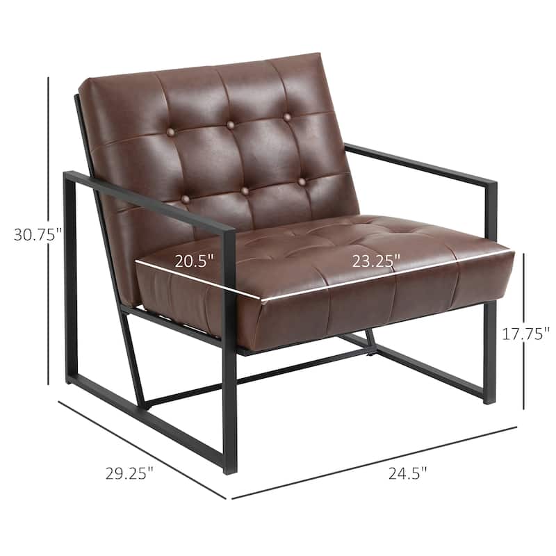 HOMCOM Mid-Century Modern Accent Chair Faux/Leather Sofa Button Tufted Armchair with Metal Frame, Brown - 24.5"x29.25"x30.75"