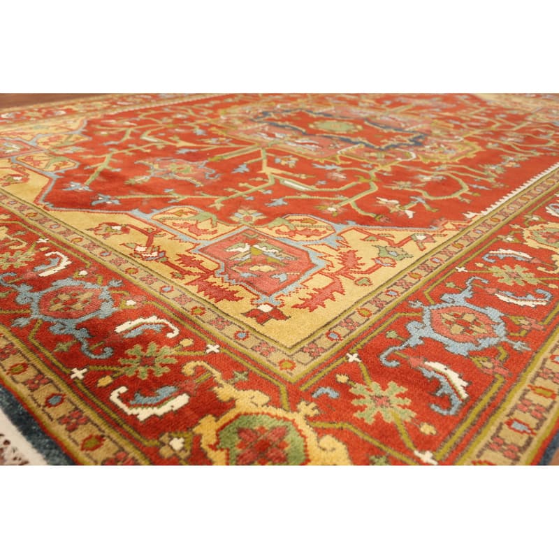 Medallion Heriz Serapi Indian Area Rug Handmade Floral Wool Carpet - 8'9" x 11'8" - 8'9" x 11'8" - Orange