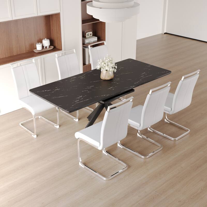 Modern Dining Set with Rectangular Extendable Table & High Back C-shaped Tube Armless Chairs